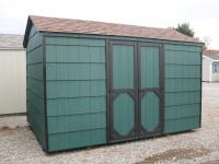 Pine Creek 8x12 Peak Cut Lap with Hunter Green walls, Black trim and, Brown shingles