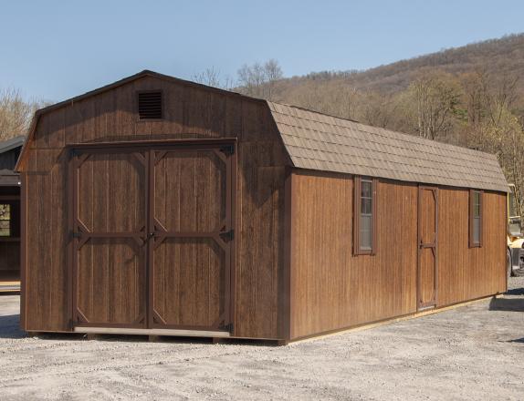 12x36 Gambrel Dutch Barn Style Storage Shed With Coffee Brown LP Smart Side, brown trim, and a shingle roof