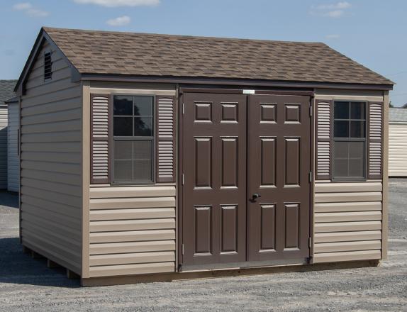 10x12 Storage Shed With Peak Roofline and Java Vinyl Siding